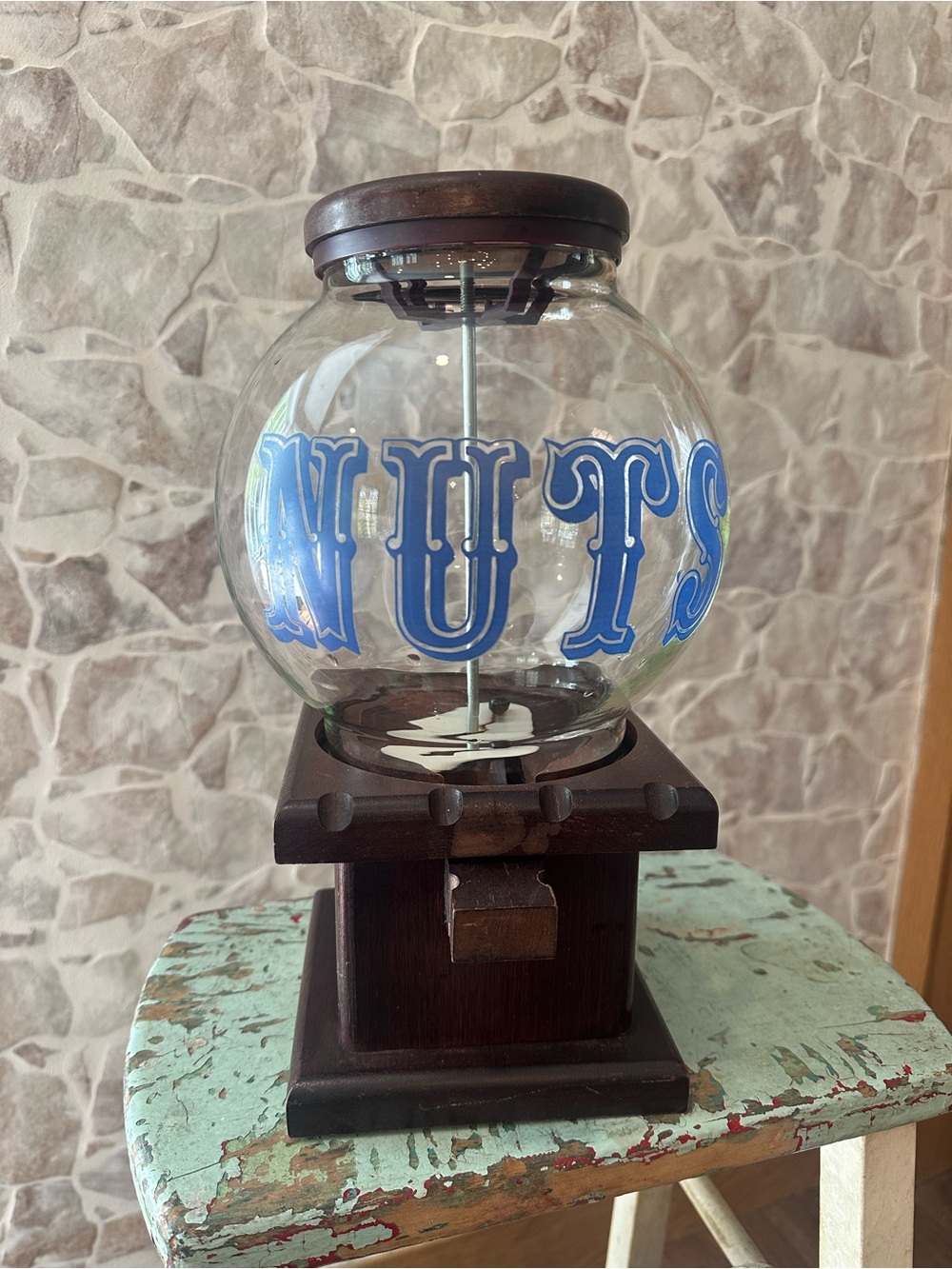 Vintage Glass Nut Dispenser made by Carousel w/Wood Base -